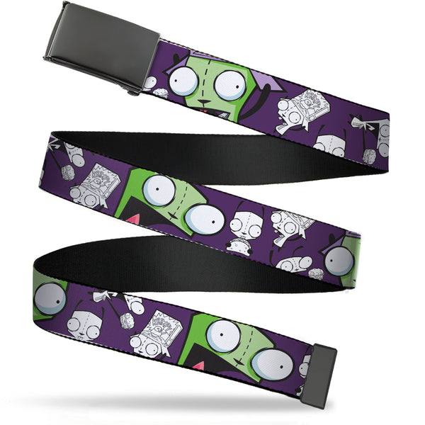Buckle-Down Web Belt Blank Black Buckle - Invader Zim GIR Poses and Sketch Purple Webbing