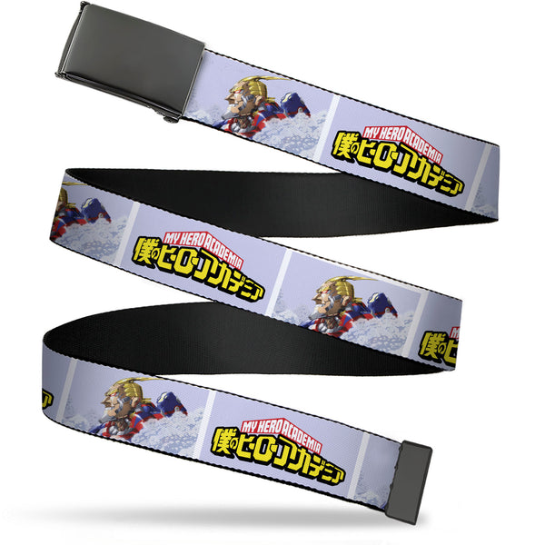 Buckle-Down Web Belt Blank Black Buckle - MY HERO ACADEMIA All Might Profile and Title Logo Blocks Grays Webbing