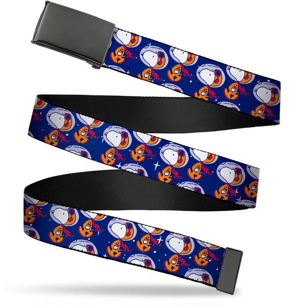 Buckle-Down Web Belt Blank Black Buckle - Peanuts Astronaut Snoopy Walking Pose Scattered Blue/Orange Webbing