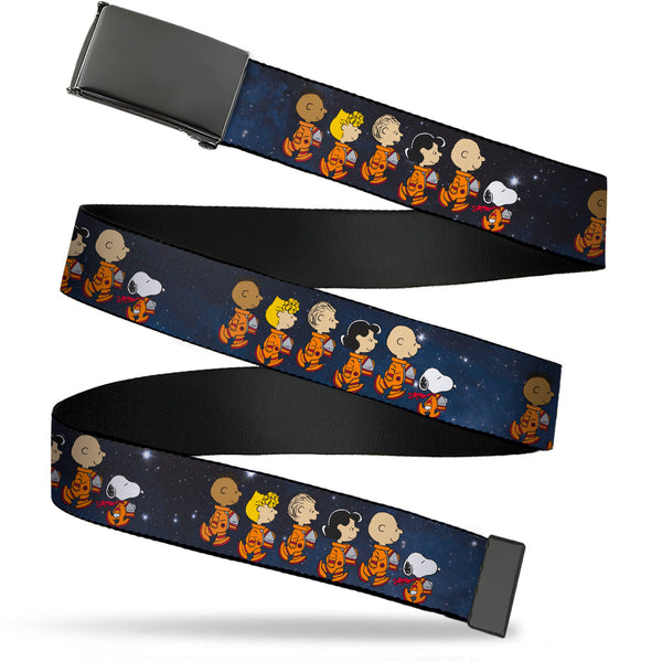 Buckle-Down Web Belt Blank Black Buckle - Peanuts Gang Astronauts Space Walk Group Pose Blues Webbing