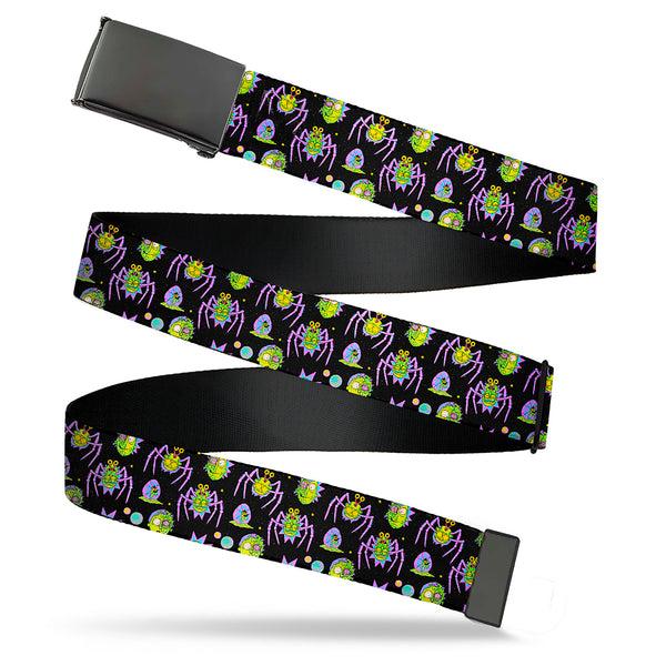 Buckle-Down Web Belt Blank Black Buckle - Rick and Morty Mutants and Things Collage Black Webbing