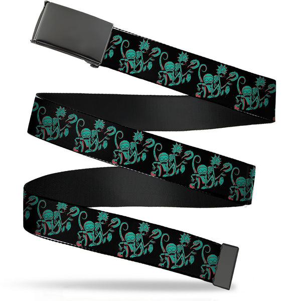 Buckle-Down Web Belt Blank Black Buckle - Rick and Morty Psychedelic Monster Pose Black/Greens Webbing