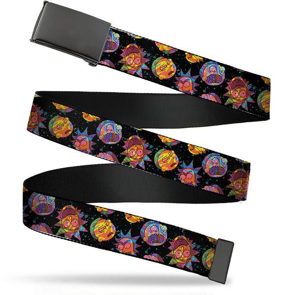 Buckle-Down Web Belt Blank Black Buckle - Rick and Morty Vaporwave Expressions Scattered Black/Multi Color Webbing
