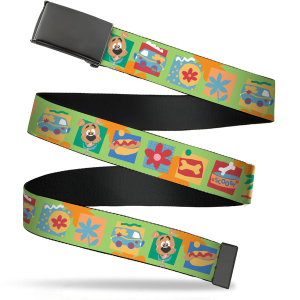 Buckle-Down Web Belt Blank Black Buckle - Scooby Doo Chibi Icon Blocks Green/Multi Color Webbing