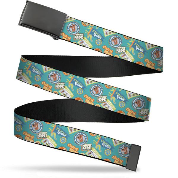Buckle-Down Web Belt Blank Black Buckle - Scooby Doo School Spirit Icons Collage Blue Webbing
