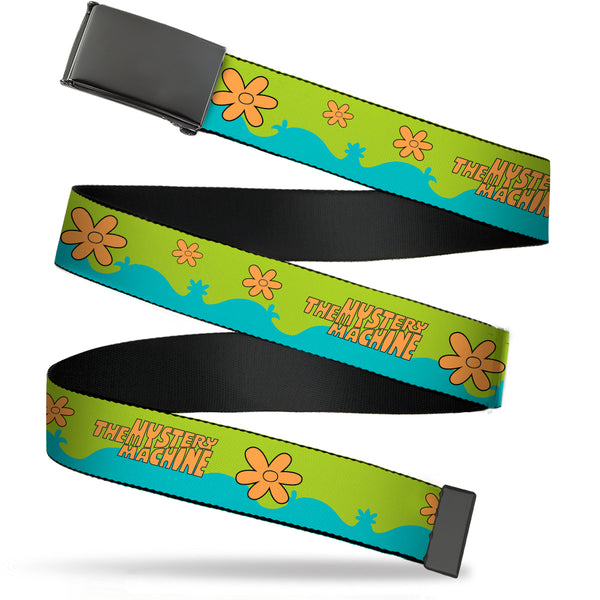 Buckle-Down Web Belt Blank Black Buckle - Scooby Doo THE MYSTERY MACHINE Paint Job Green/Aqua/Orange Webbing