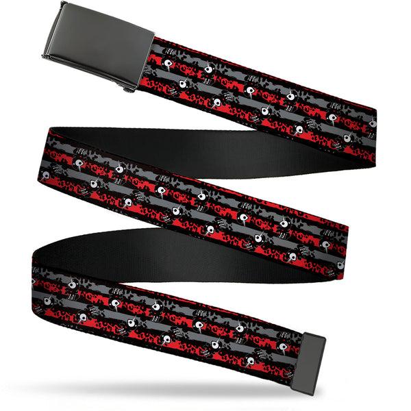 Buckle-Down Web Belt Blank Black Buckle - Skelanimals Bonita the Unicorn Poses Stripe Black/Red/Gray Webbing