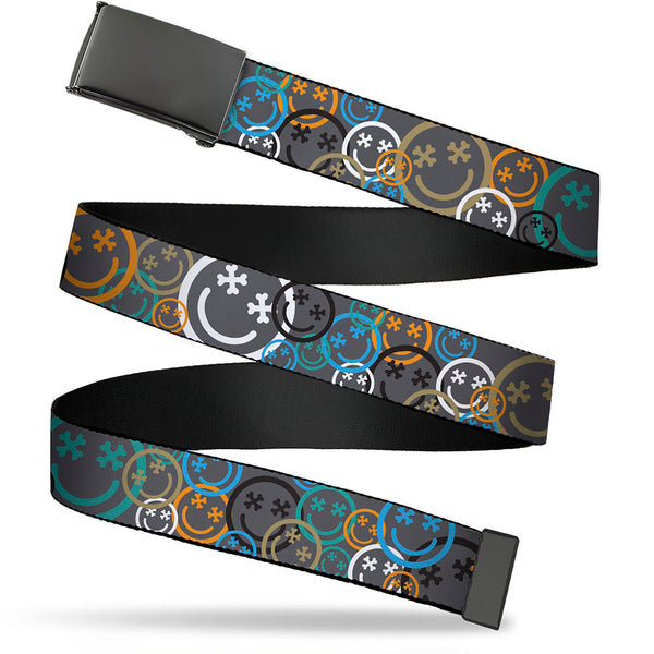 Buckle-Down Web Belt Blank Black Buckle - Smiley Face Crossbones Stacked Gray/Multi Color Webbing