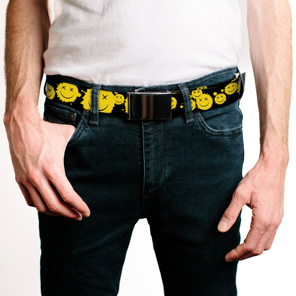 Buckle-Down Web Belt Blank Black Buckle - Smiley Face Splatter Scattered Black/Yellow Webbing