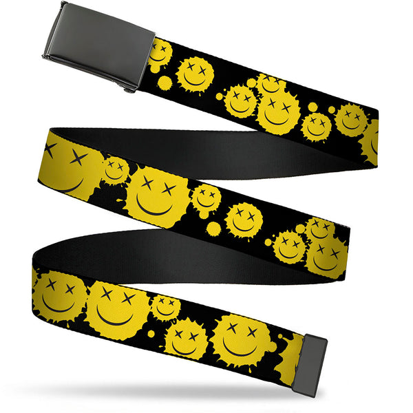 Buckle-Down Web Belt Blank Black Buckle - Smiley Face Splatter Scattered Black/Yellow Webbing