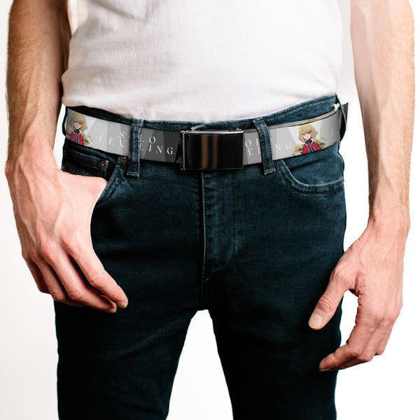 Buckle-Down Web Belt Blank Black Buckle - SOLO LEVELING Jinwoo And Hae-In Poses And Title Logo Grays/White Webbing