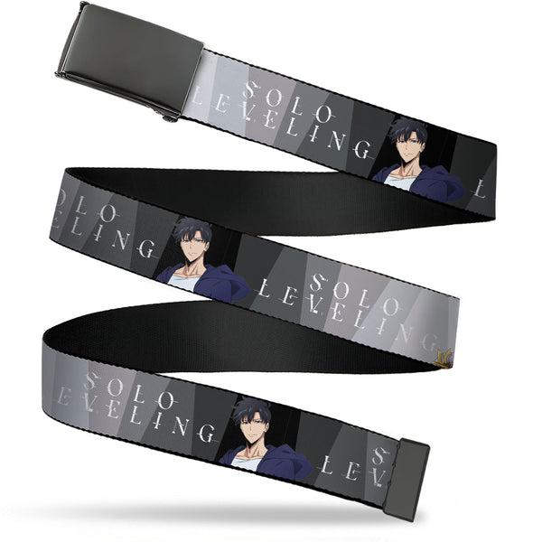 Buckle-Down Web Belt Blank Black Buckle - SOLO LEVELING Jinwoo and Hae-In Poses and Title Logo Grays/White Webbing