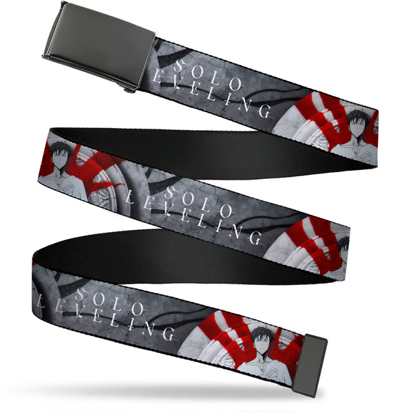 Buckle-Down Web Belt Blank Black Buckle - SOLO LEVELING Sung Jinwoo Anime Expo Pose Grays/Red Webbing