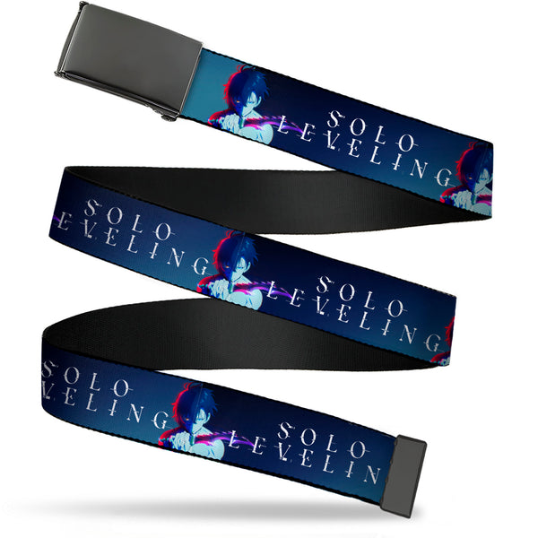 Buckle-Down Web Belt Blank Black Buckle - SOLO LEVELING Sung Jinwoo Dagger Pose and Title Logo Blues Webbing