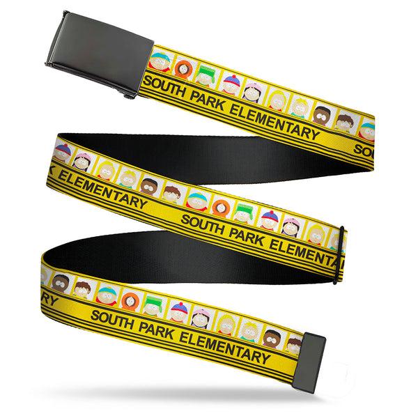 Buckle-Down Web Belt Blank Black Buckle - SOUTH PARK ELEMENTARY School Bus Characters Pose Yellow Webbing