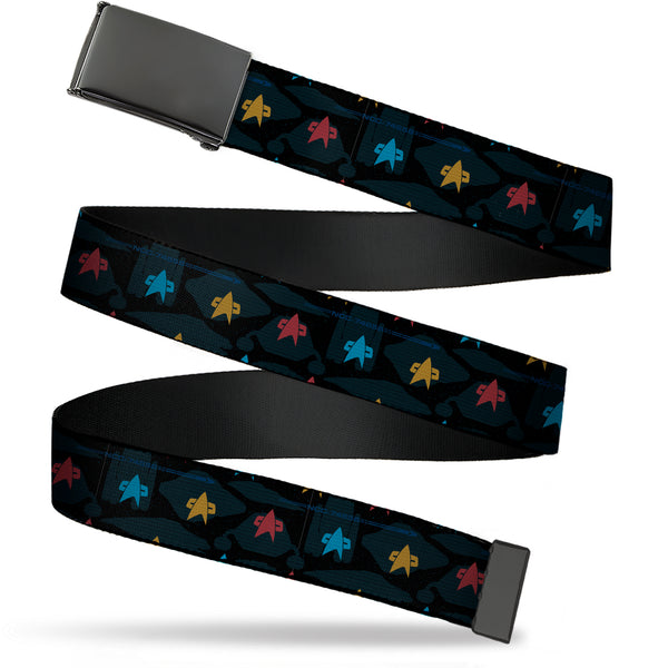 Buckle-Down Web Belt Blank Black Buckle - Star Trek Starfleet Insignias and Ship Silhouettes Blues/Multi Color Webbing
