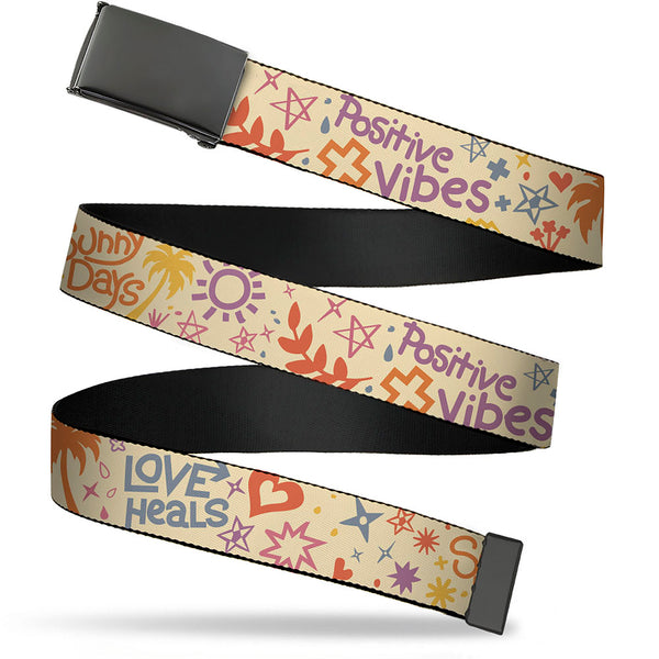 Buckle-Down Web Belt Blank Black Buckle - Summer Harmony Collage Beige/Multi Color Webbing