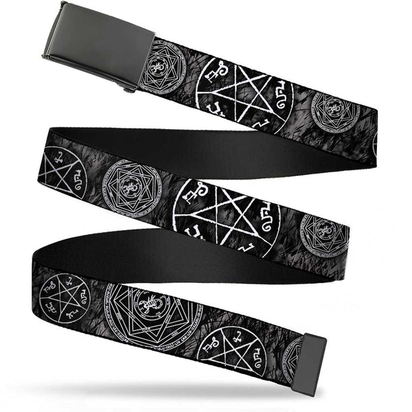 Buckle-Down Web Belt Blank Black Buckle - Supernatural Devil's Trap Pentagrams Grays/Black/White Webbing