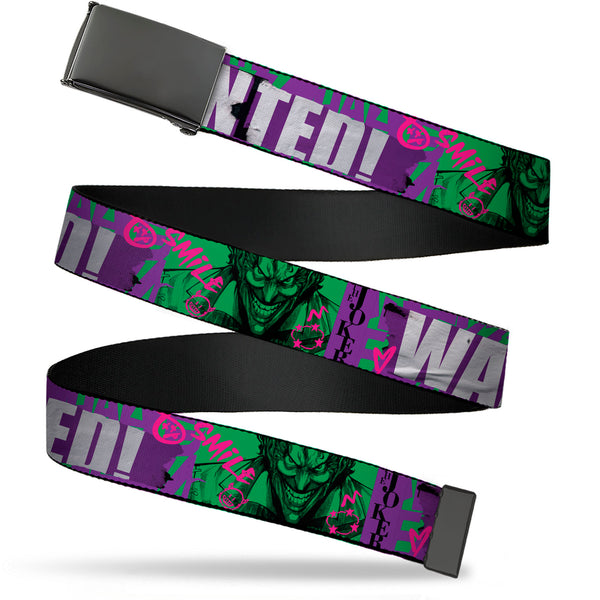 Buckle-Down Web Belt Blank Black Buckle - THE JOKER WANTED Smiling Pose and Graffiti Purples/Greens Webbing