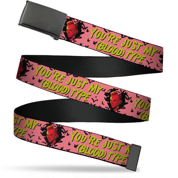 Buckle-Down Web Belt Blank Black Buckle - The Lost Boys David Heart Icon YOU'RE JUST MY (BLOOD) TYPE Pink/Yellow Webbing