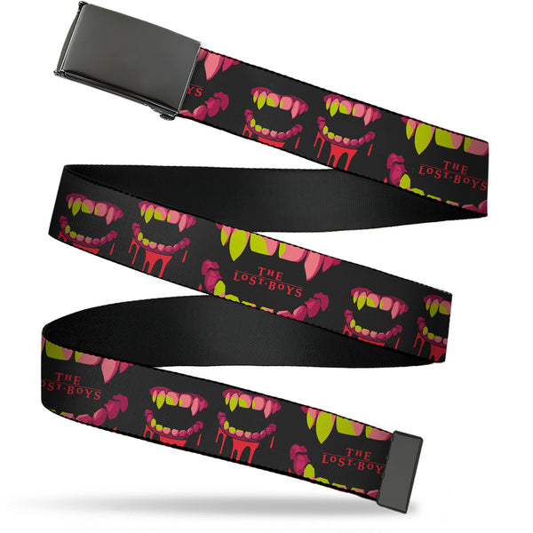 Buckle-Down Web Belt Blank Black Buckle - THE LOST BOYS Teeth Fangs Title Logo Collage Black/Reds/Yellows Webbing