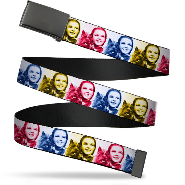 Buckle-Down Web Belt Blank Black Buckle - The Wizard of Oz Dorothy and Toto Pose Blocks Blues/Yellows/Reds Webbing