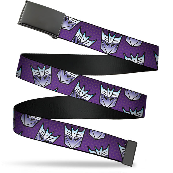 Buckle-Down Web Belt Blank Black Buckle - Transformers Decepticons Icon Scattered Grids Purples Webbing