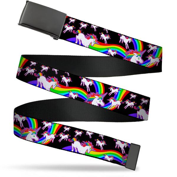Buckle-Down Web Belt Blank Black Buckle - Unicorns/Rainbow Swirl Black Webbing