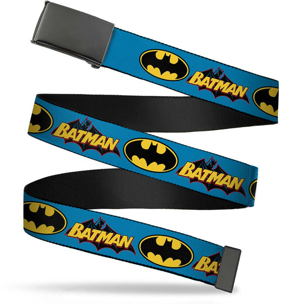 Buckle-Down Web Belt Blank Black Buckle - Vintage Batman Logo & Bat Signal Blue Webbing