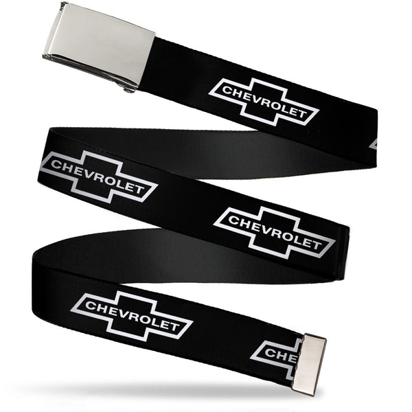 Buckle-Down Web Belt Blank Chrome Buckle - 1965 CHEVROLET Bowtie Black/White Webbing