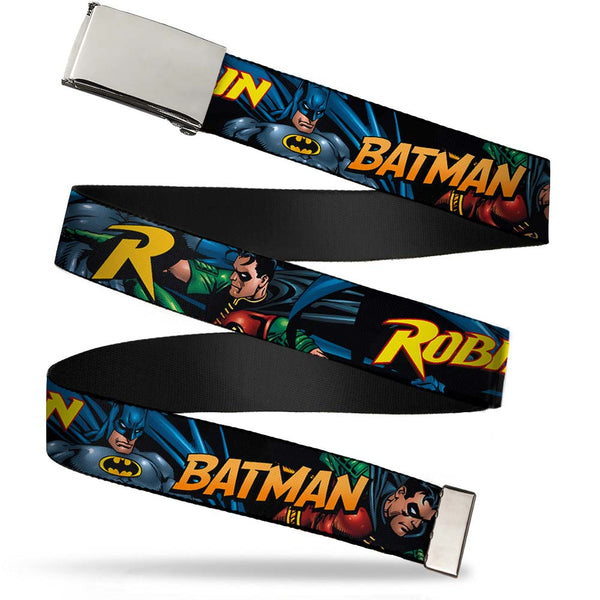 Buckle-Down Web Belt Blank Chrome Buckle - Batman & Robin in Action w/Text Black Webbing