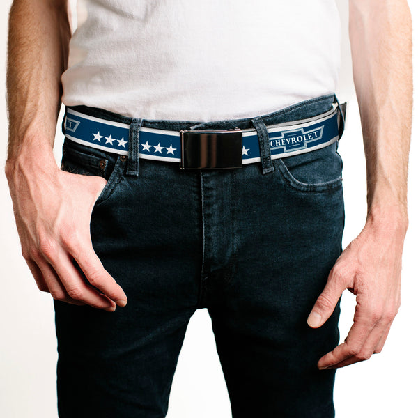 Buckle-Down Web Belt Blank Chrome Buckle - CHEVROLET Bowtie/Stars Blue/White Webbing