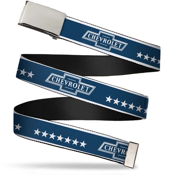 Buckle-Down Web Belt Blank Chrome Buckle - CHEVROLET Bowtie/Stars Blue/White Webbing