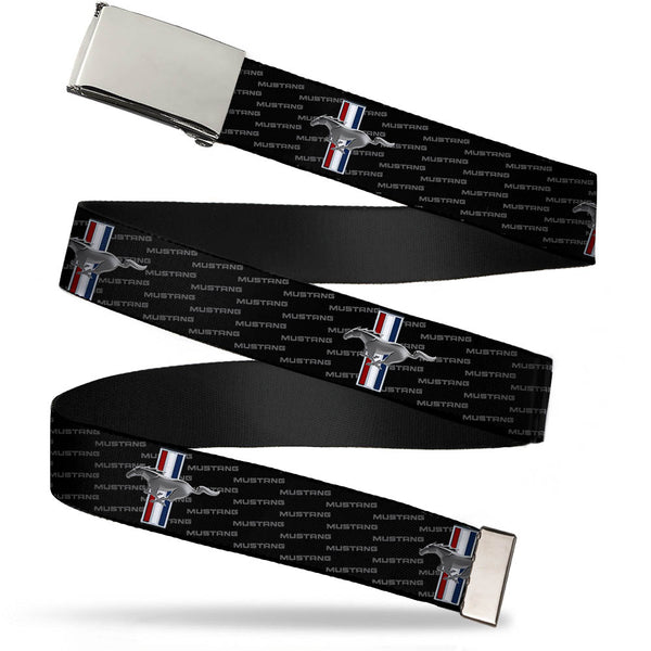 Buckle-Down Web Belt Blank Chrome Buckle - Ford Mustang w/Bars REPEAT w/Text Webbing