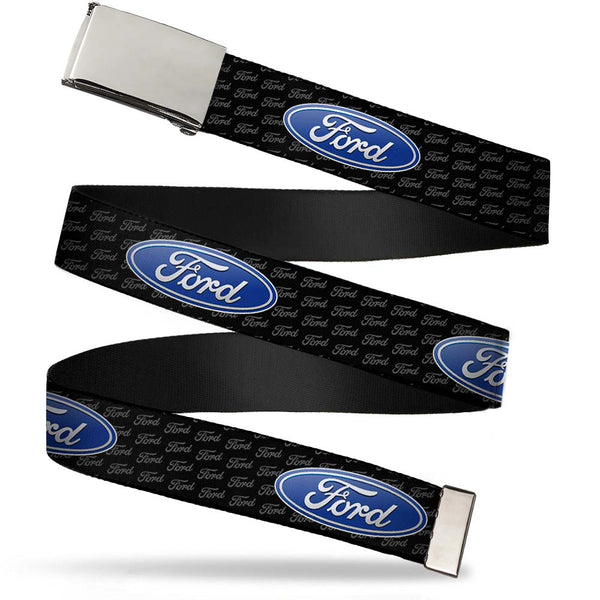 Buckle-Down Web Belt Blank Chrome Buckle - Ford Oval REPEAT w/Text Webbing