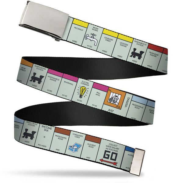 Buckle-Down Web Belt Blank Chrome Buckle - Monopoly British UK Game Board Space Blocks Webbing