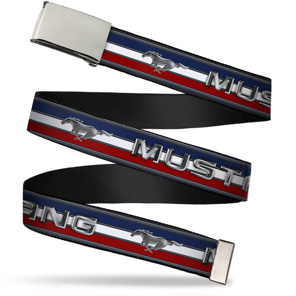 Buckle-Down Web Belt Blank Chrome Buckle - Mustang/Text w/Tri-Bar Stripe Webbing