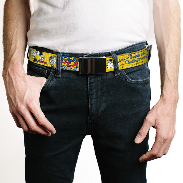 Buckle-Down Web Belt Blank Chrome Buckle - PEANUTS Gang FEATURING GOOD OL CHARLIE BROWN Character Poses Yellow/Multi Color Webbing