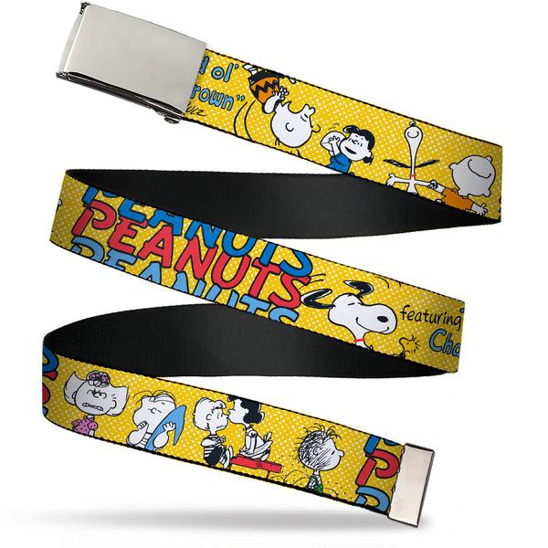 Buckle-Down Web Belt Blank Chrome Buckle - PEANUTS Gang FEATURING GOOD OL CHARLIE BROWN Character Poses Yellow/Multi Color Webbing