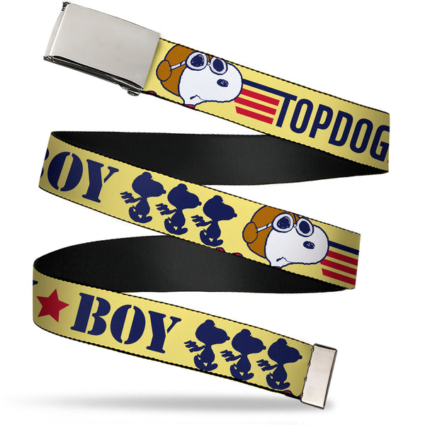 Buckle-Down Web Belt Blank Chrome Buckle - Peanuts Snoopy FLY BOY TOP DOG Flying Ace Yellow/Blue/Red Webbing
