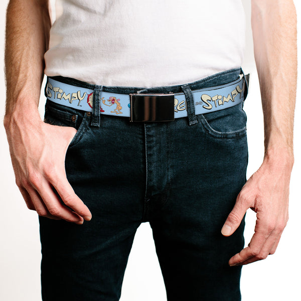 Buckle-Down Web Belt Blank Chrome Buckle - REN AND STIMPY Title Logo And Poses Baby Blue Webbing