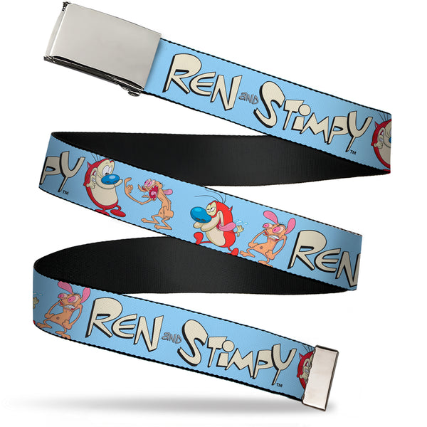 Buckle-Down Web Belt Blank Chrome Buckle - REN AND STIMPY Title Logo and Poses Baby Blue Webbing