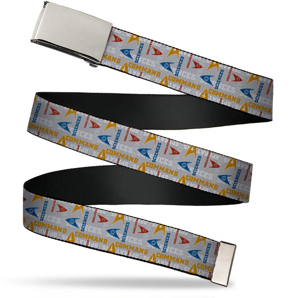 Buckle-Down Web Belt Blank Chrome Buckle - Star Trek Starfleet Insignias and Text Collage Grays/Multi Color Webbing