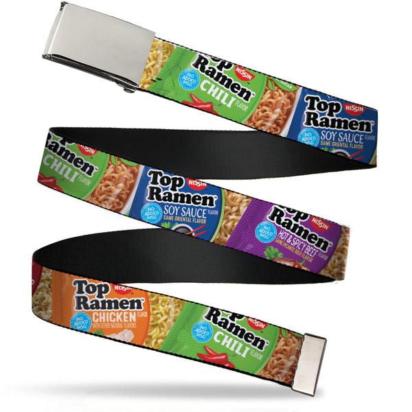 Buckle-Down Web Belt Blank Chrome Buckle - Top Ramen Vivid Flavor Packages Stacked Multi Color Webbing