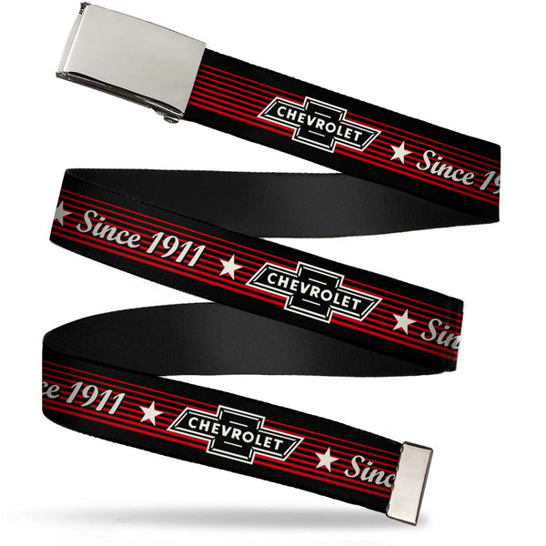 Buckle-Down Web Belt Blank Chrome Buckle - Vintage CHEVROLET Bowtie SINCE 1911/Stars Stripe Black/Red/Ivory Webbing