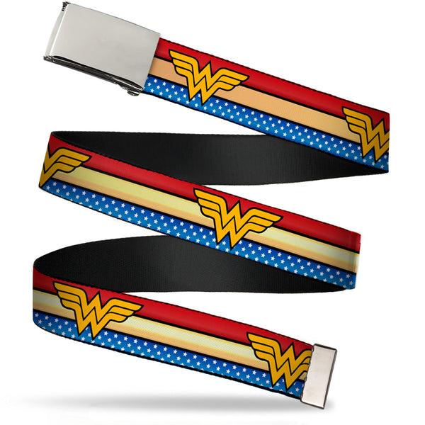 Buckle-Down Web Belt Blank Chrome Buckle - Wonder Woman Logo Stripe/Stars Red/Gold/Blue/White Webbing