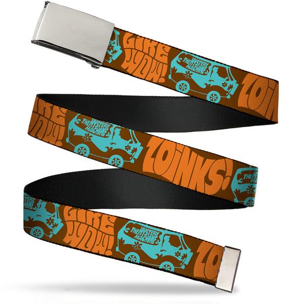 Buckle-Down Web Belt Blank Chrome Buckle - ZOINKS /LIKE WOW /The Mystery Machine Brown/Baby Blue Webbing