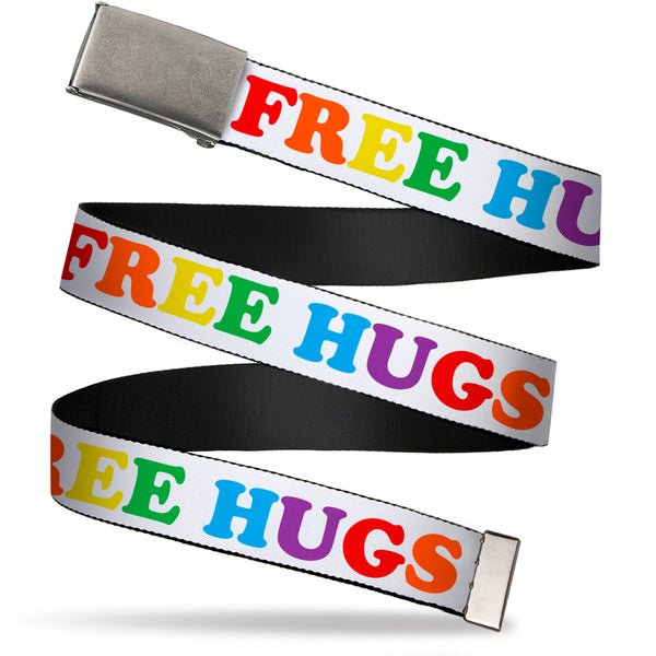Buckle-Down Web Belt Blank Matte Buckle - FREE HUGS White/Multi Color Webbing