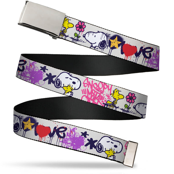 Buckle-Down Web Belt Clamp Buckle - Peanuts Snoopy and Woodstock Graffiti Collage White/Multi Color Webbing