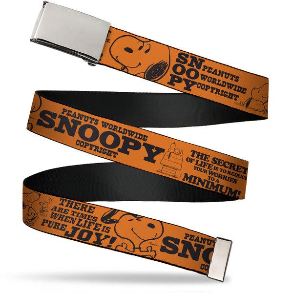 Buckle-Down Web Belt Clamp Buckle - Snoopy Poses and Quotes Collage Orange/Black Webbing